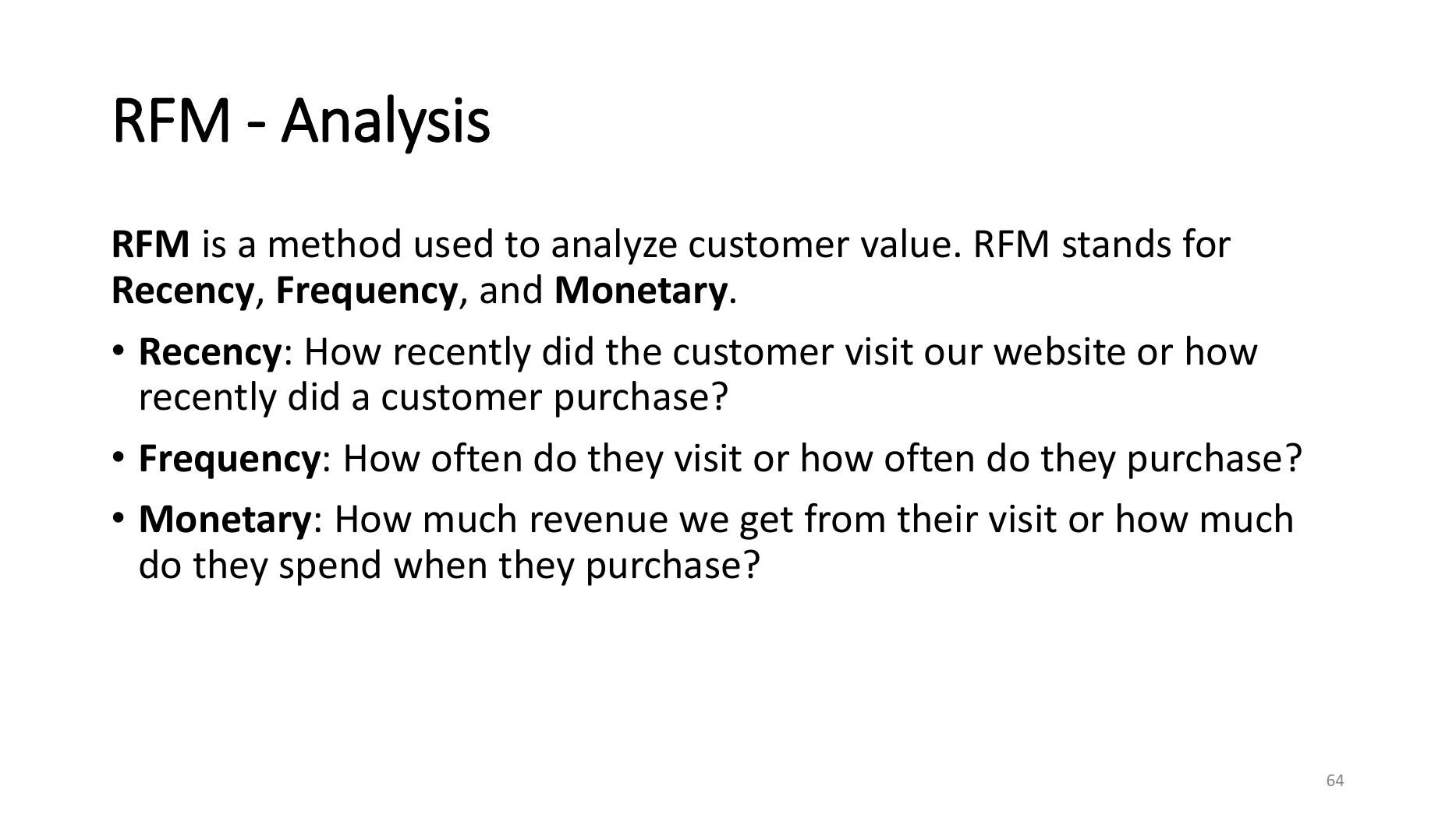 RFM definition slide showing Recency Frequency and Monetary