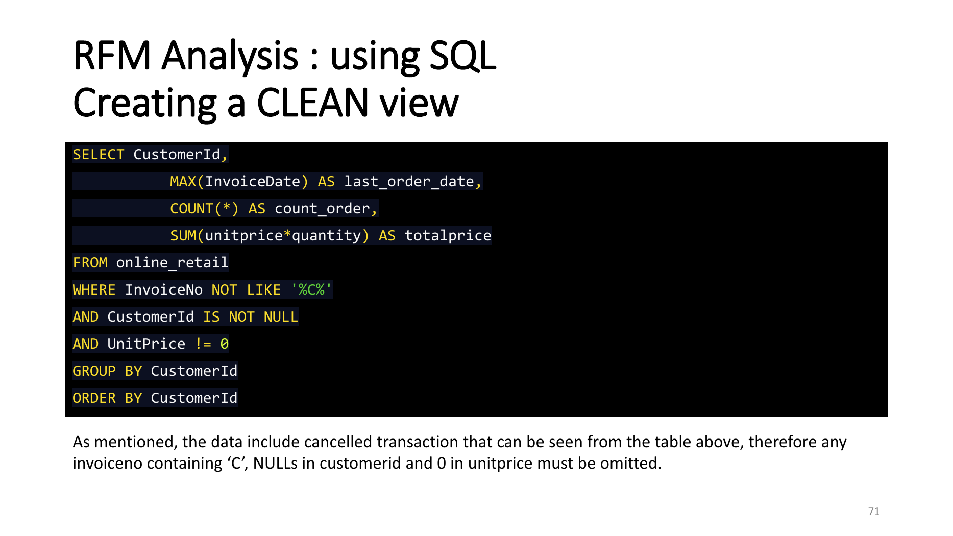 SQL clean view for RFM