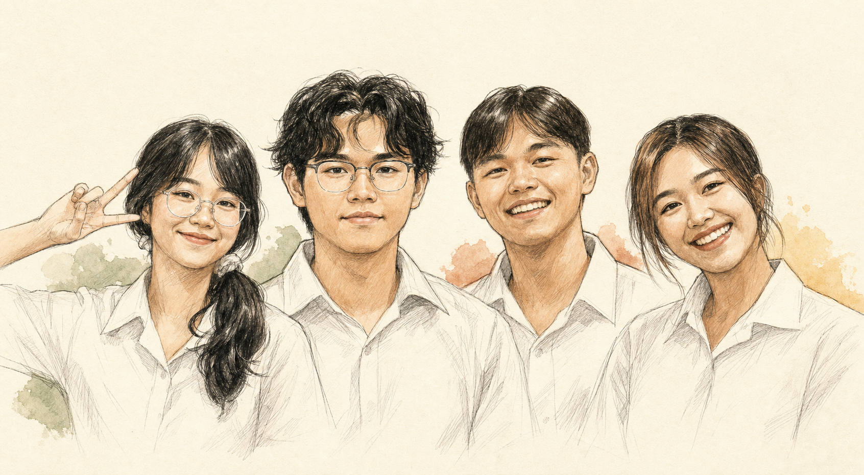 ภาพสเก็ตช์นักศึกษาผู้มีส่วนร่วมทั้งสี่คน